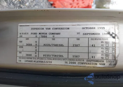 2000 Ford E-150 Recreational из США, поврежденный, VIN 1FDRE14L0YHA13102